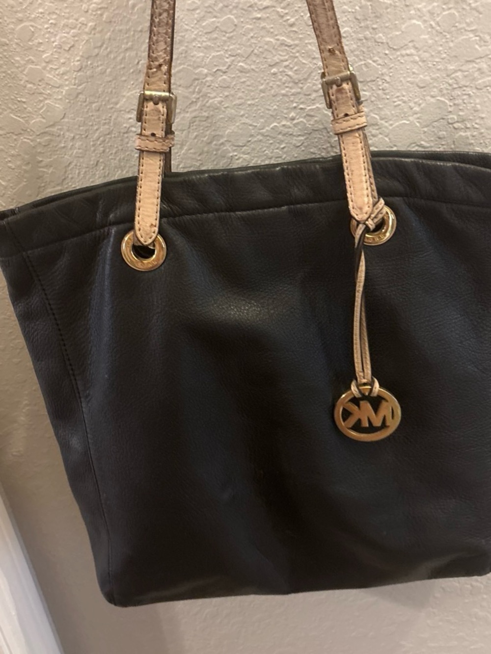 Michael Kors Black Leather Tote with Cream Straps and Gold Hardware